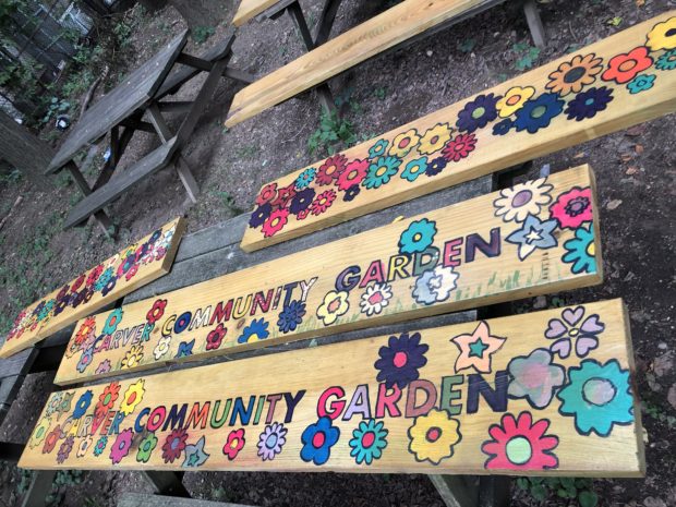 Wooden planks painted with flowers
